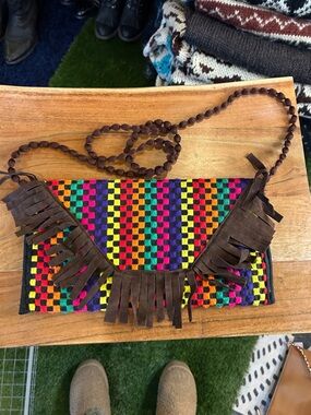 Boho Multicolor Woven Fringe Crossbody Bag - Brown Trim